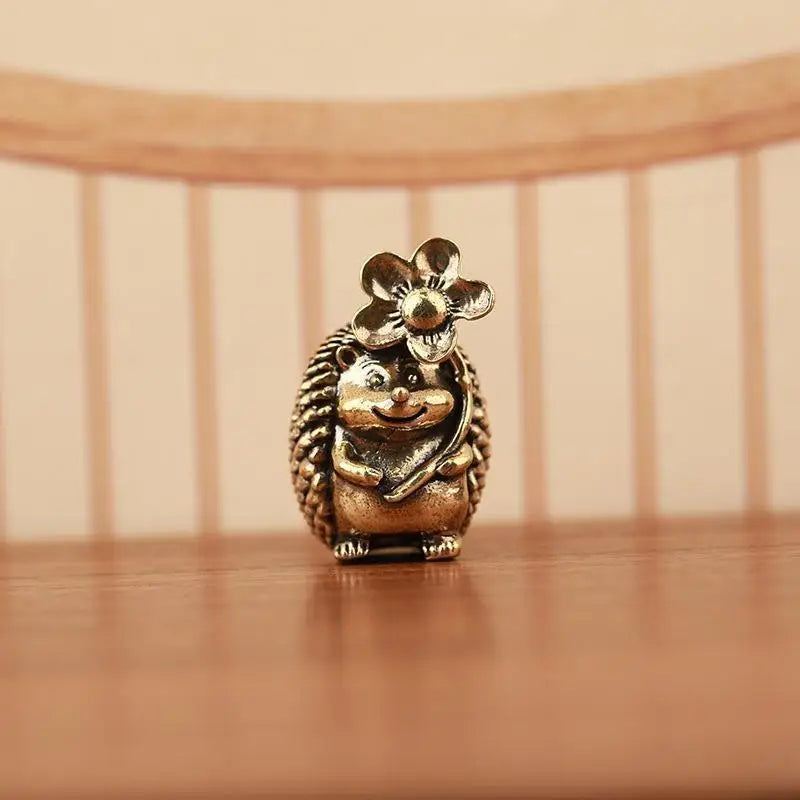 Retro Brass Hedgehog Figurine Realistic Little Antique Copper Surface