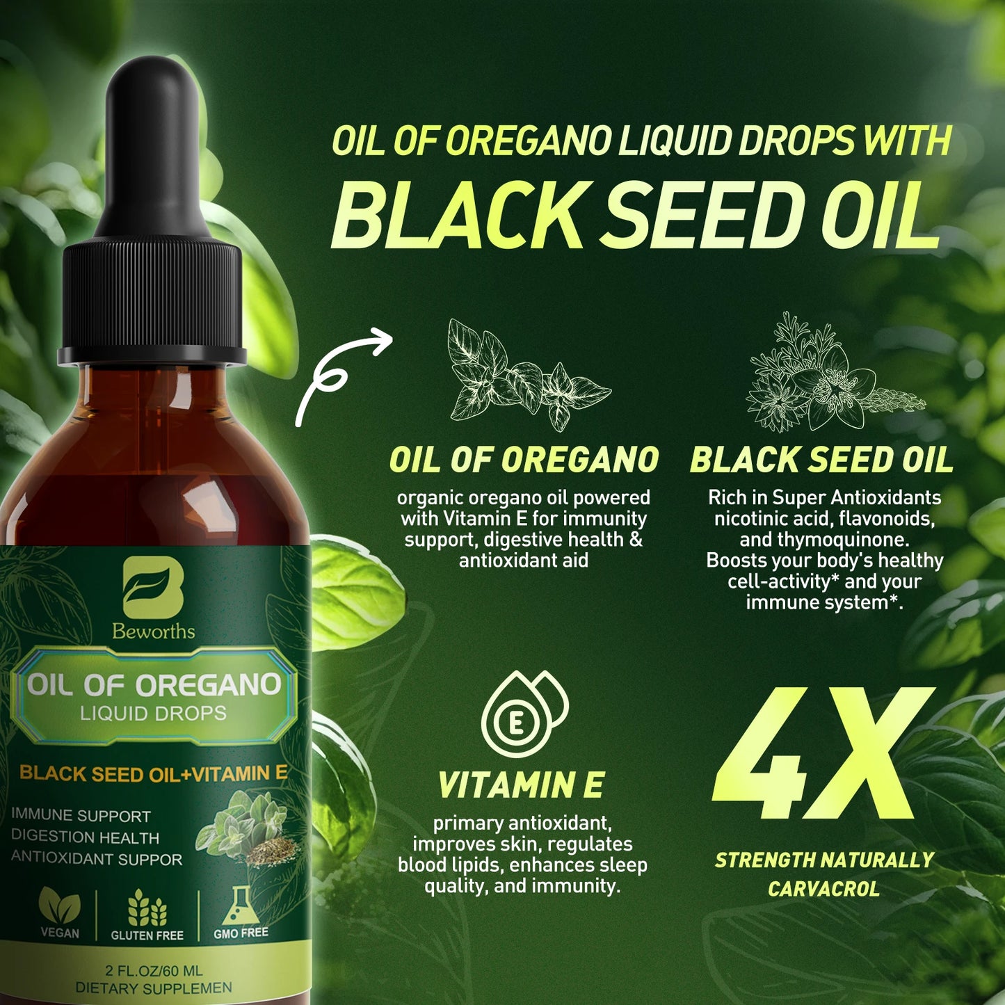 Oregano Oil Drops with Black Seed Oil & Vitamin E Peaceful Pleasures Health and Wellness