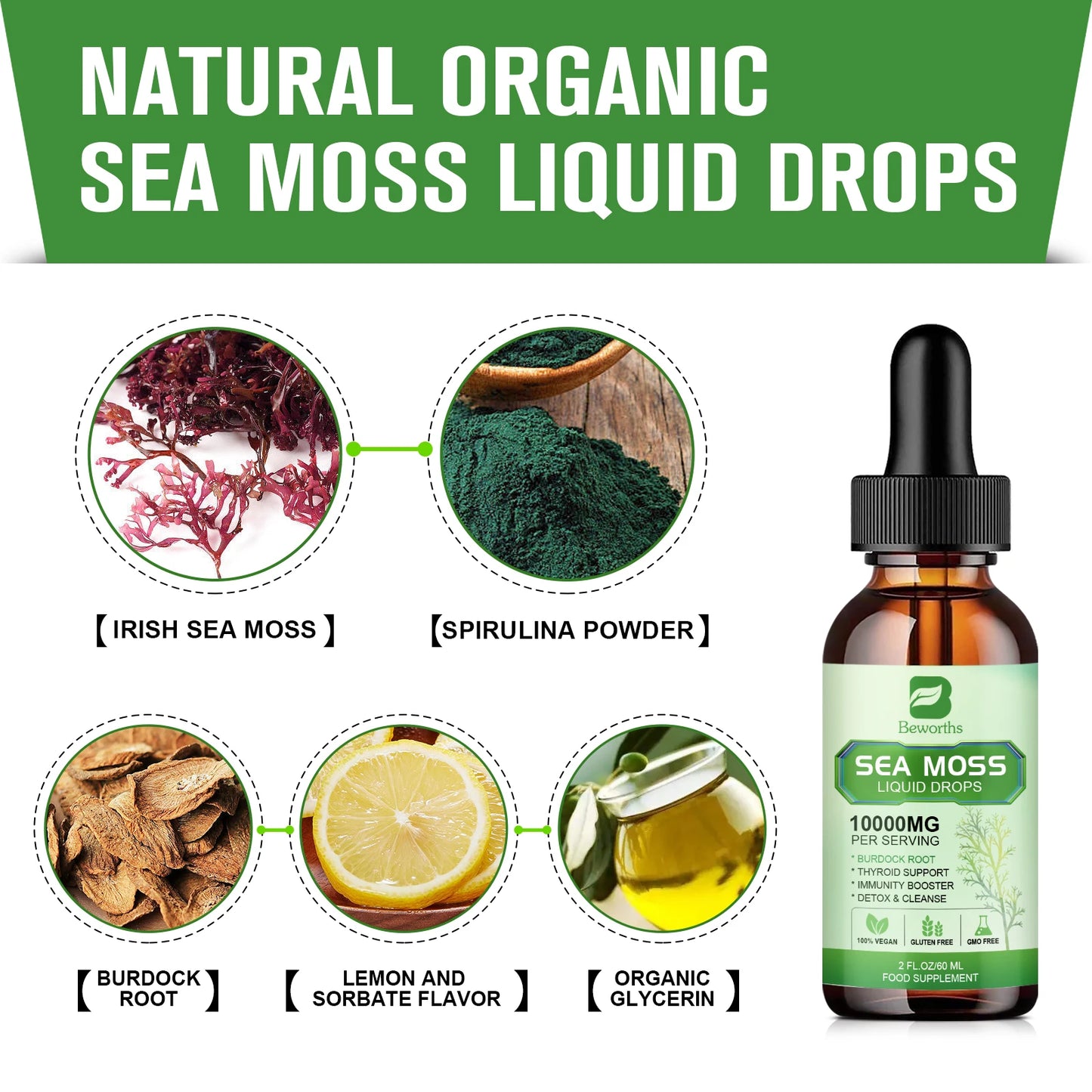 Organic Sea Moss Drops with Burdock Root & Spirulina – Gut & Immunity Herbal Supplement Peaceful Pleasures Health and Wellness