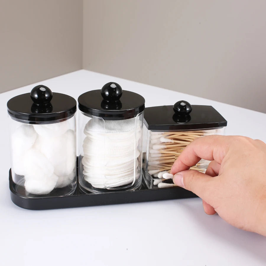 Qtip Holder Bathroom Set with Tray 3 Pack Acrylic Plastic Apothecary Jars Qtip Dispenser Canister with Lid Bathroom Organizers Peaceful Pleasures Health and Wellness