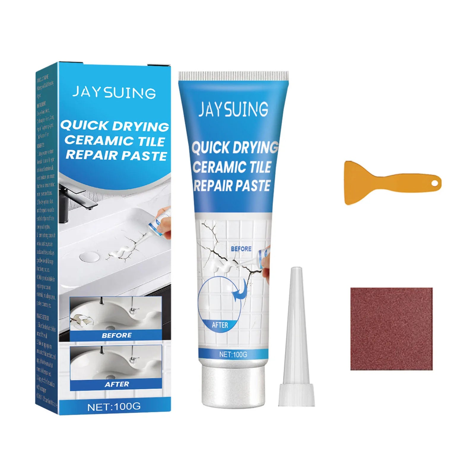 100g Tile Repair Glue Fast Drying Waterproof Patch Paste for Bathroom Kitchen Floor Wall Cracks Holes Includes Scraper Sandpaper Peaceful Pleasures Health and Wellness A