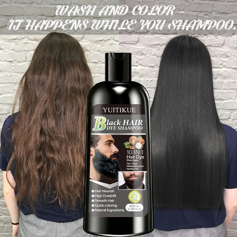 YUITIKUE Black Hair Dye Shampoo 100ml 10-in-1 Natural Ingredients Quick Coloring Nourishing Hair Care Peaceful Pleasures Health and Wellness