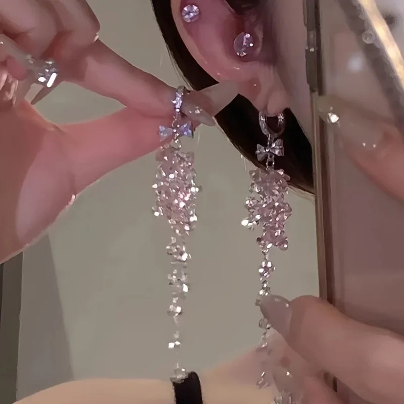 Sweet and Gentle Earrings Summer Pink Light Luxury Long Crystal Tassel Earrings Exquisite Personalized Light Luxury Ear Buckles Peaceful Pleasures Health and Wellness WC5285-1