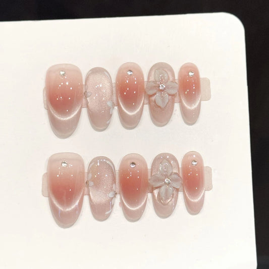 Handmade Press On Nails French Cat's Eye 3D Floral Tips 10pcs Press On Nails Peaceful Pleasures Health and Wellness Xs