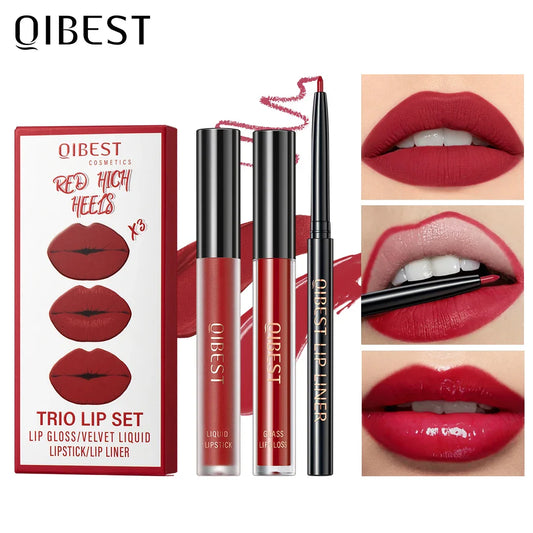 QIBEST 3-in-1 Matte Lipstick, Lip Liner & Gloss Set Lip Makeup Set Oasis Select