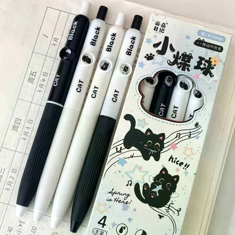 4-Pack Kawaii Cat Gel Pens 0.5mm Quick-Dry Black Ink
