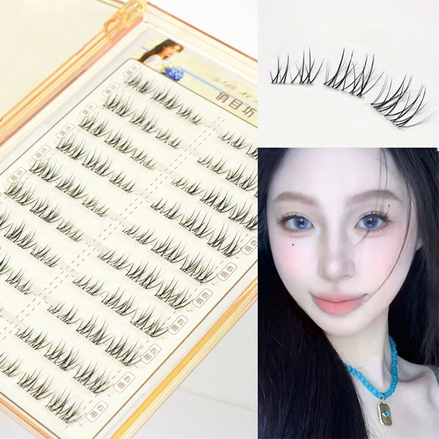 Wispy Cluster False Eyelashes – Natural French Mint Style