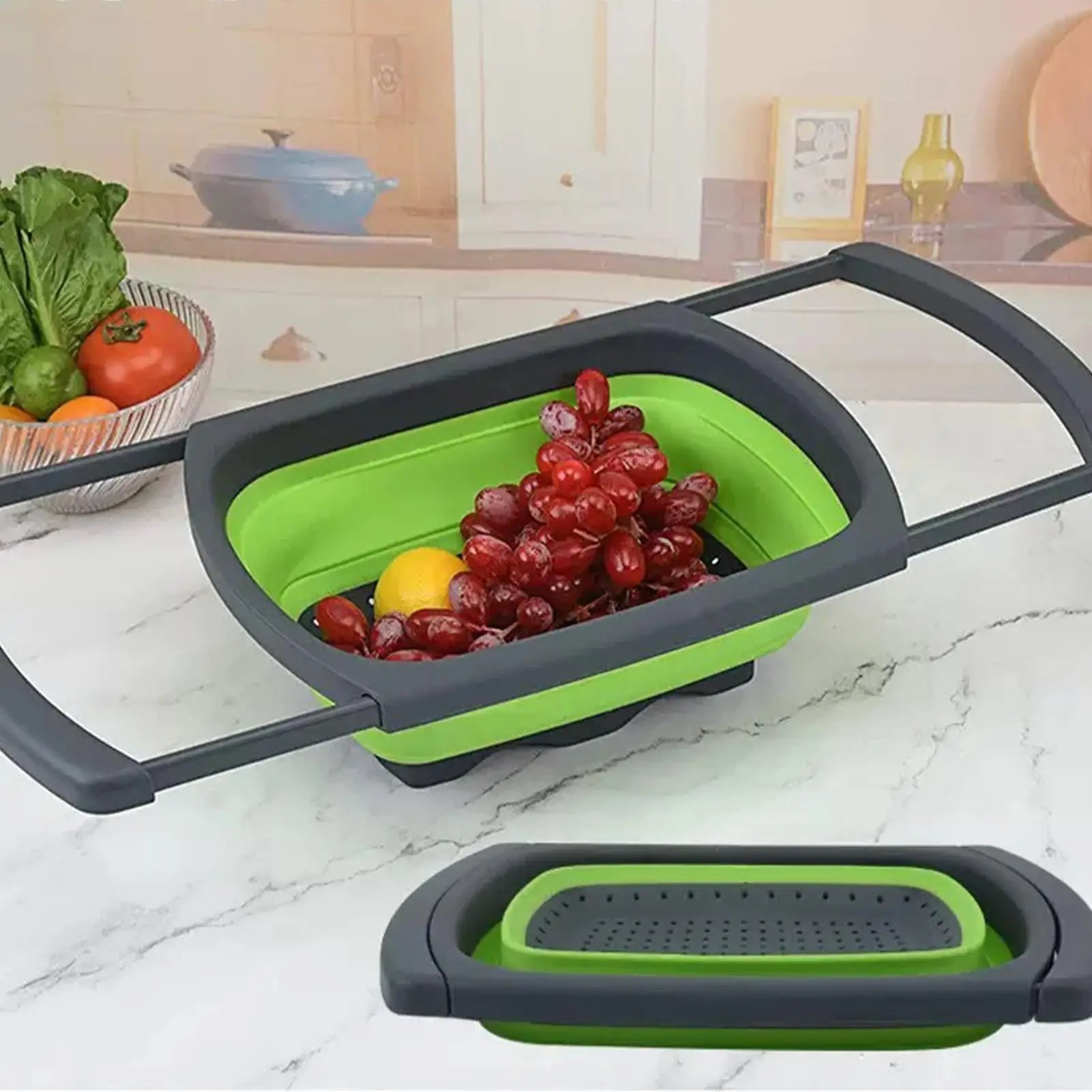 Folding Vegetable Draining Basket for Kitchen, Foldable Colander with Extendable Handles Kitchen Colander Drainer Basket for Peaceful Pleasures Health and Wellness