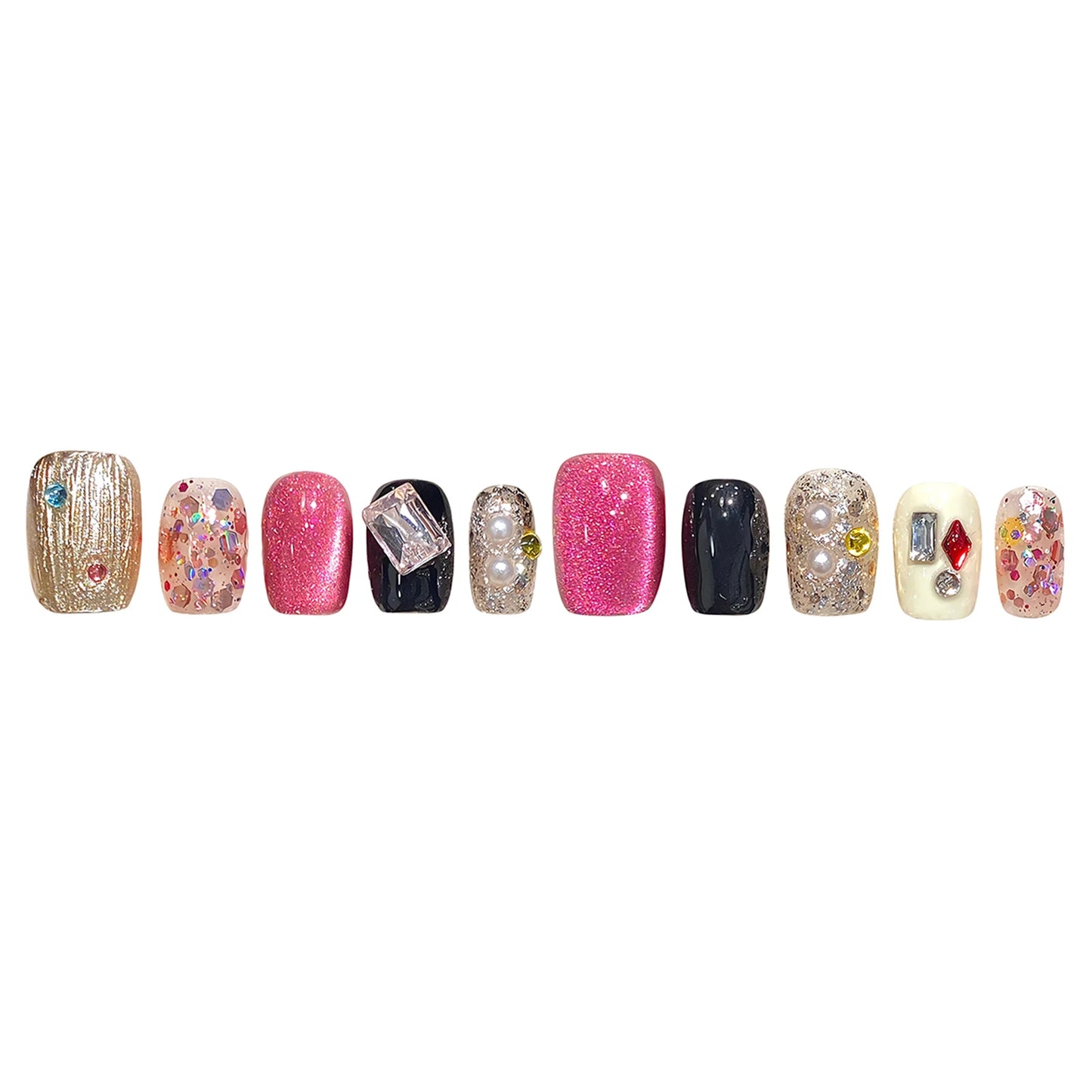 Handmade Press on Nails Glitter Pink Sequins Cat Eyes Glossy Fake Nails Full Cover Short Square Shiny Crystal Design False Nails Peaceful Pleasures Health and Wellness L