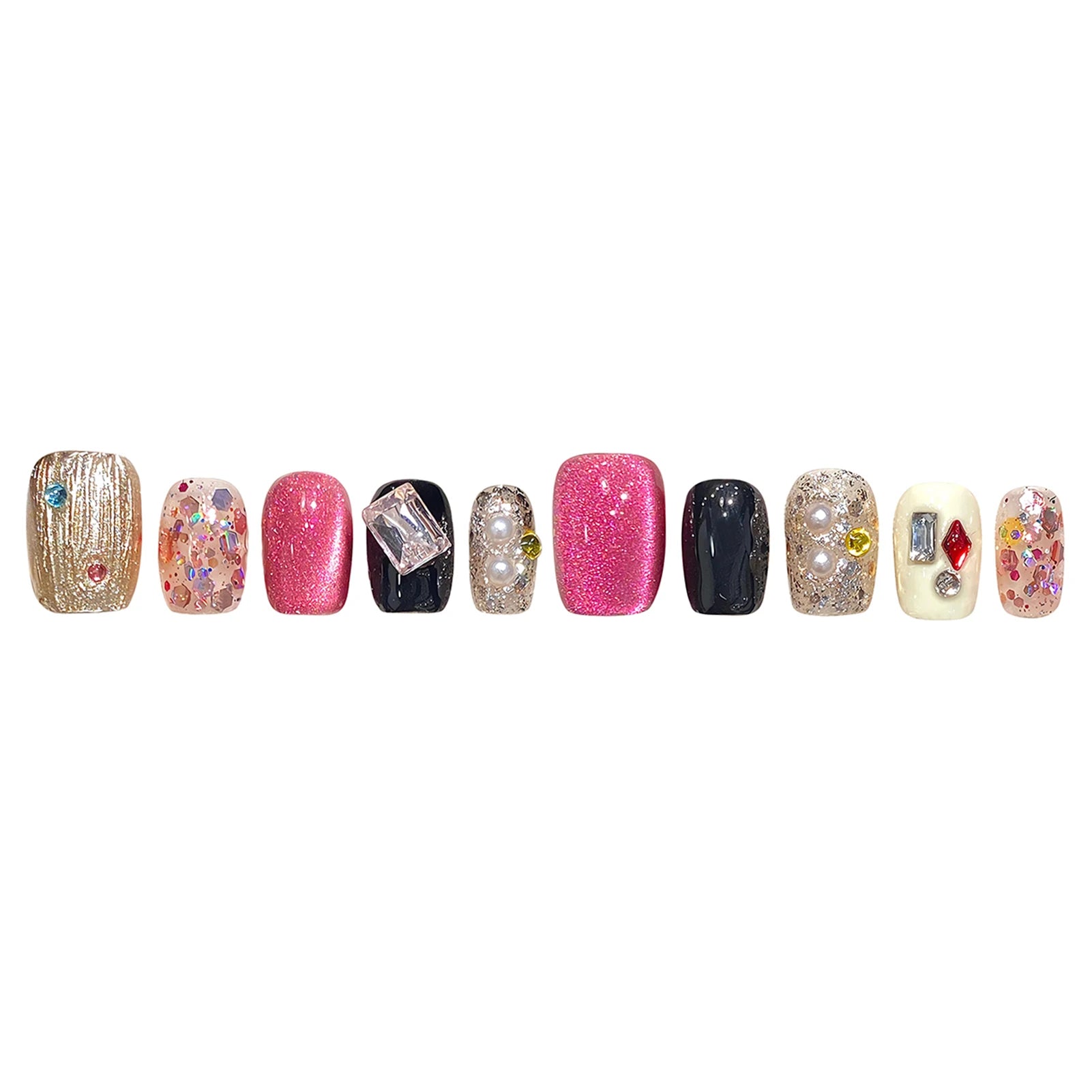 Handmade Press on Nails Glitter Pink Sequins Cat Eyes Glossy Fake Nails Full Cover Short Square Shiny Crystal Design False Nails Peaceful Pleasures Health and Wellness L