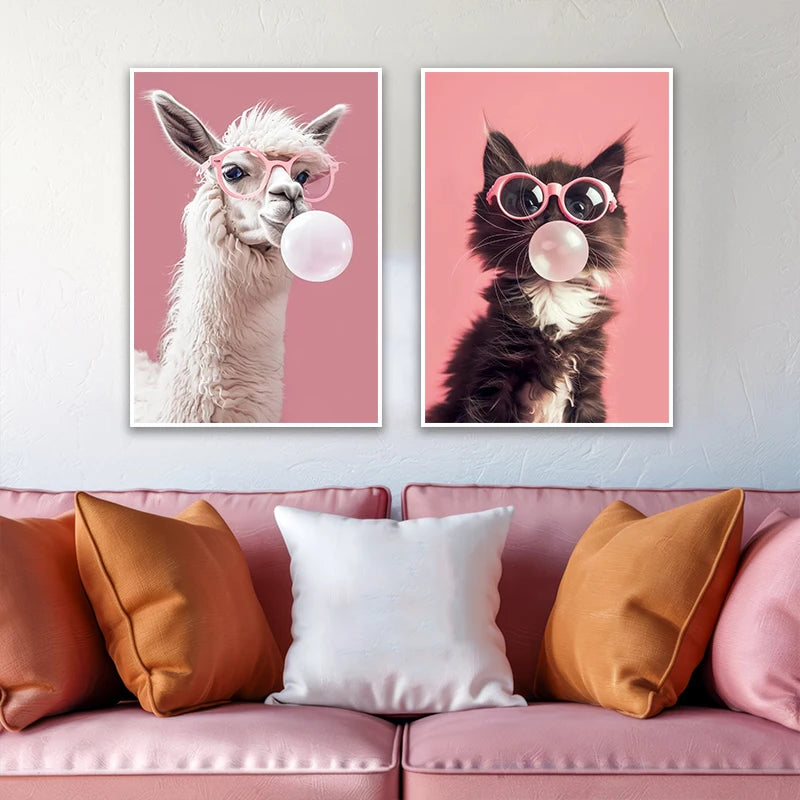 Disco Pink Funny Animal Canvas Wall Art – Kitten Llama Koala