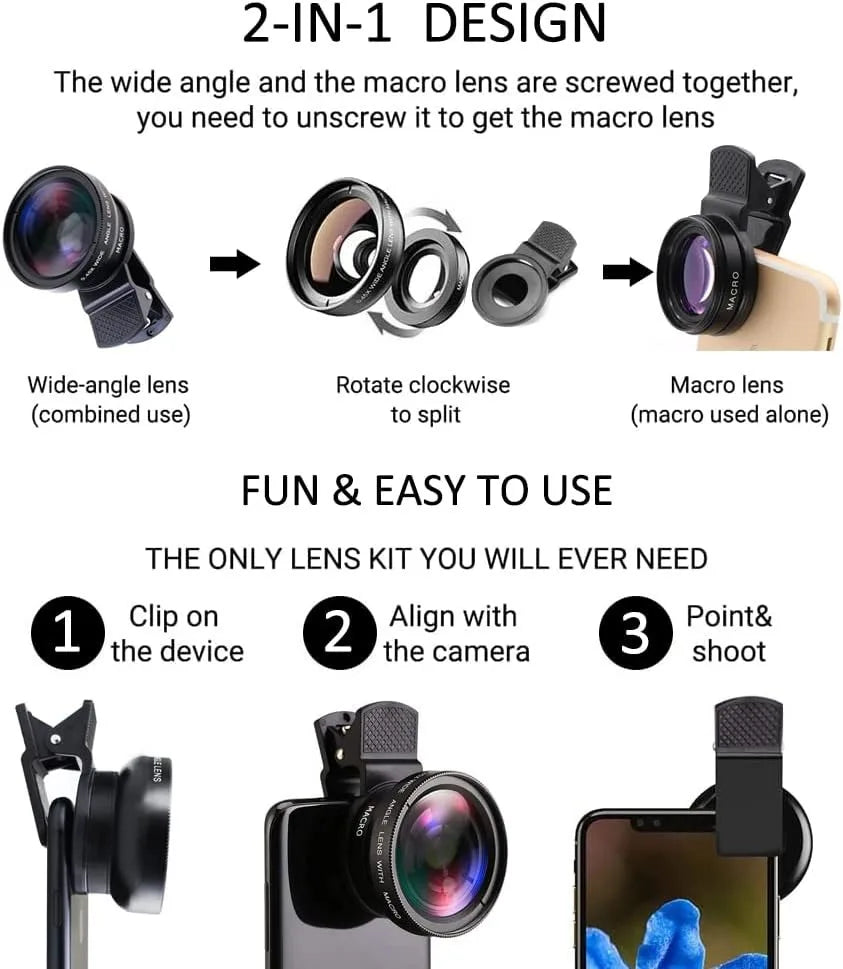 2 IN 1 Lens Universal Clip 37mm Mobile Phone Lens Professional 0.45X 49uv Super Wide-Angle + Macro HD Lens For iPhone Android Peaceful Pleasures Health and Wellness
