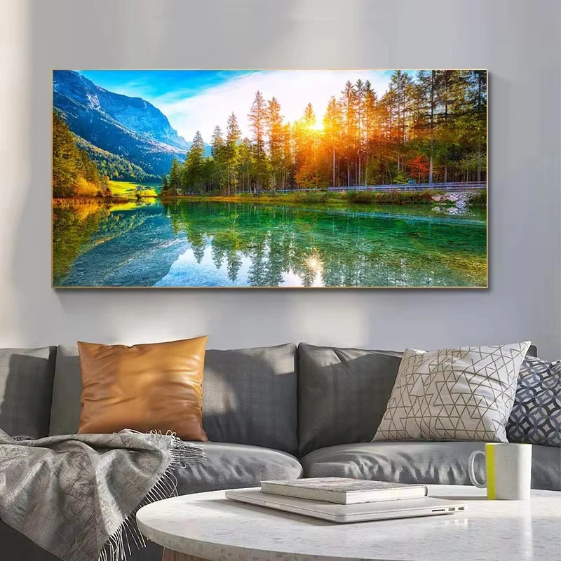 Nature Landscape Canvas Wall Art – Sunshine Forest Lake Print Landscape Canvas Print Peaceful Pleasures Health and Wellness ZLH2582 100x200cm No Frame
