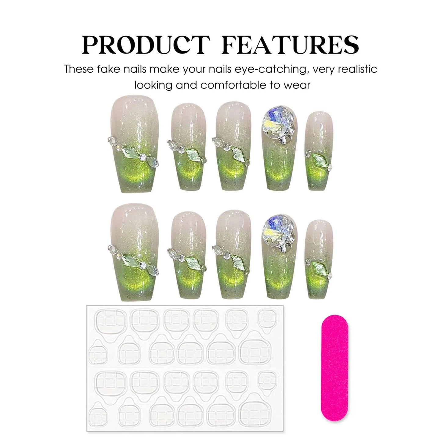 Handmade Press on Nails French Green Cat Eye Fake Nails with Rhinestone Design Wearable Detchable Long Ballet Coffin Fake Nails Peaceful Pleasures Health and Wellness