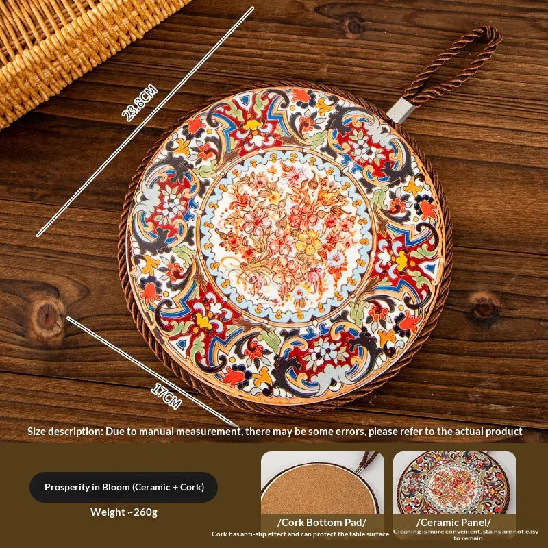 Vintage Heat Resistant Trivet Mat for Hot Pot Cast Cookware Enameled Dutch Oven Ceramic Dinnerware Tabletop Placemat Non-Slip Peaceful Pleasures Health and Wellness D Diameter 17cm
