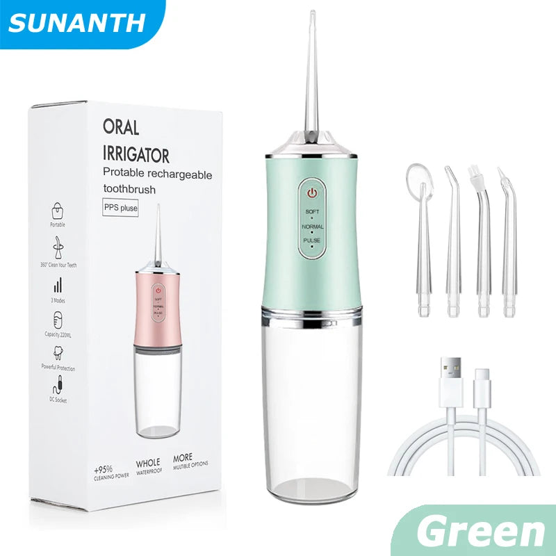 Portable Oral Irrigator USB Fast Rechargeable Mouth Washing Machine For Family Travel 3 Modes 4 Jet Tips Teeth cleaning machine Peaceful Pleasures Health and Wellness 059-Green
