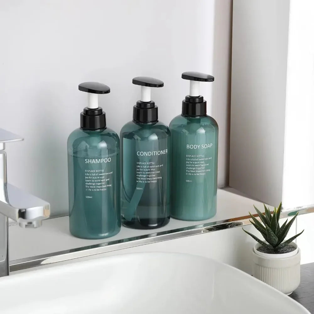 Shampoo Conditioner Body Wash Dispenser Set, Printed Letters Bathroom Soap Bottle Dispenser, Shower Pump Shampoo Dispenser Peaceful Pleasures Health and Wellness
