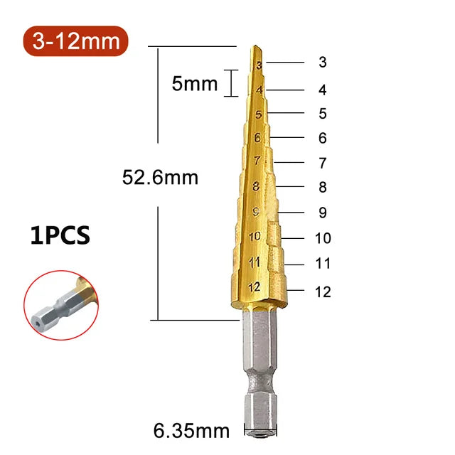 Straight Groove Step Drill Bit HSS Titanium Coated Wood Metal Hole Cutter Core Drilling Tools Set 4 Models 3-12 4-12 4-20 4-32 Peaceful Pleasures Health and Wellness 3-12 Step Drill Bit Hexagonal