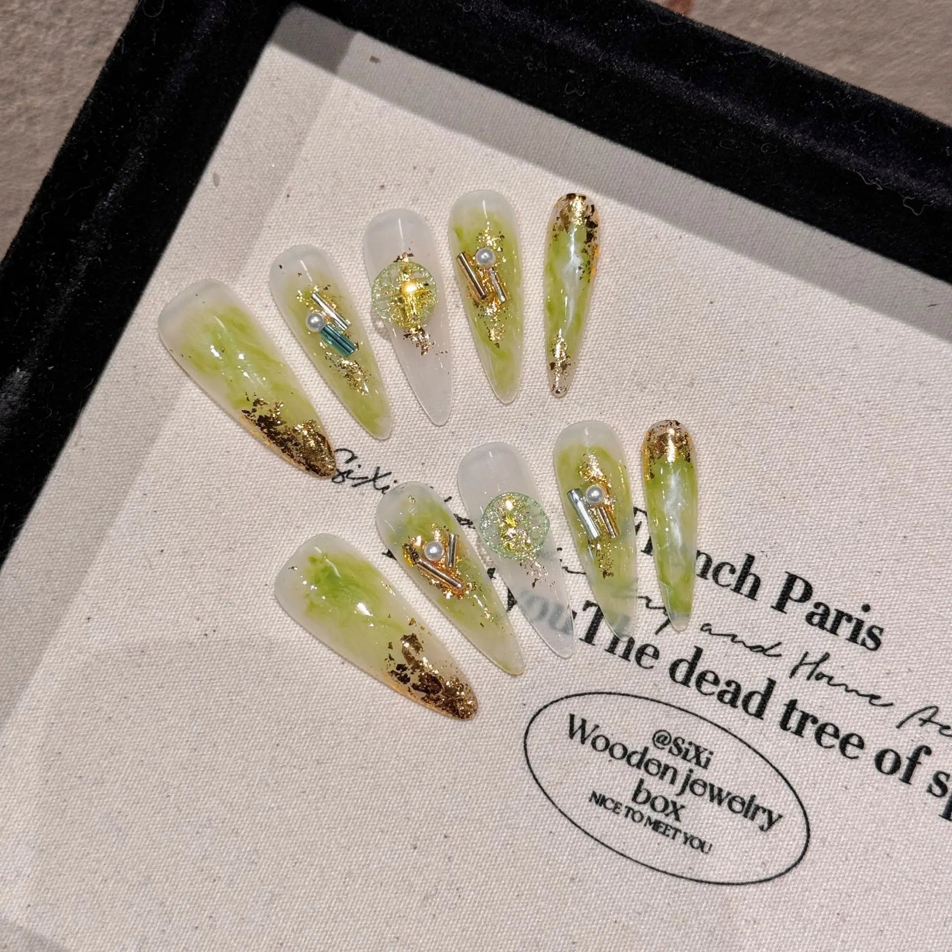 Handmade Press on Nails Golden Mirror Long Pointed Fake Nail Tips for Women Wearable Detachable Gold Foil Fashion False Nails Peaceful Pleasures Health and Wellness L