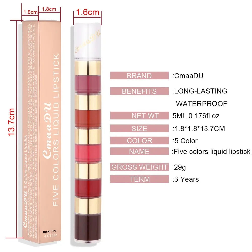 CmaaDu 5-in-1 Matte Lip Gloss Set – 5 Colors, Waterproof Vegan