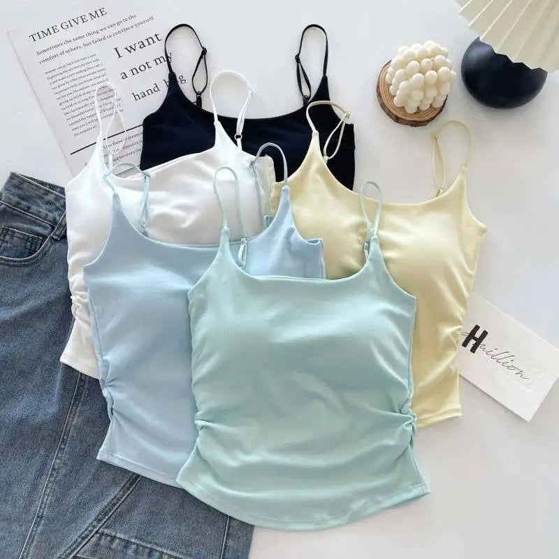 Horetong Women Pleated Camisole with Chest Cushion 2026 Spring Summer Adjustable Sleeveless Tops Sexy Sweet Slim Elastic Camis Peaceful Pleasures Health and Wellness