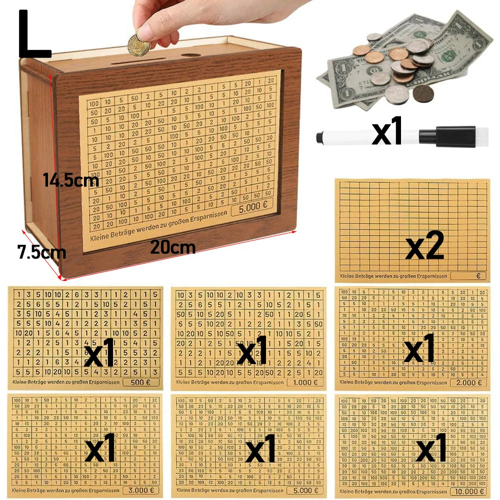 1000/2000/3000/5000/10000 Euro Money Box Piggy Bank Wood Money Bank Reusable Money Box with Saving Goal and Numbers Boxes Peaceful Pleasures Health and Wellness 8PC L