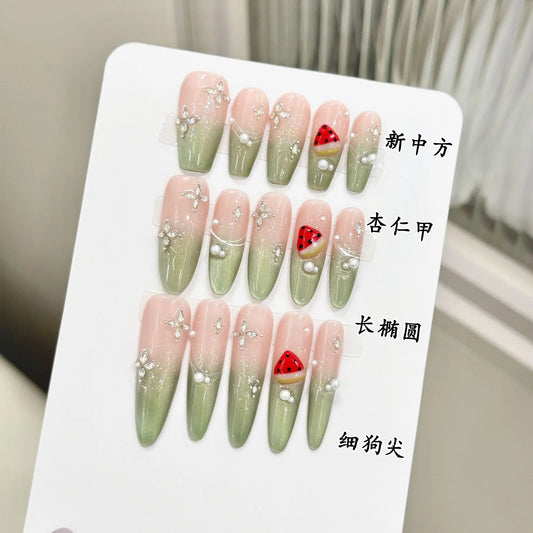 10pcs Handmade Press on Nails Summer Pink Green Almond Fake Nail Tips Women Wearable Full Cover Gradient Cat Eye False Nails Peaceful Pleasures Health and Wellness