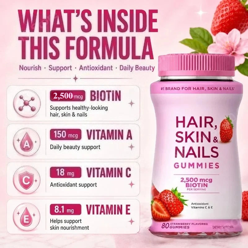 Biotin 2500mcg Hair Skin Nails Gummies – Vitamins A C E | 80ct