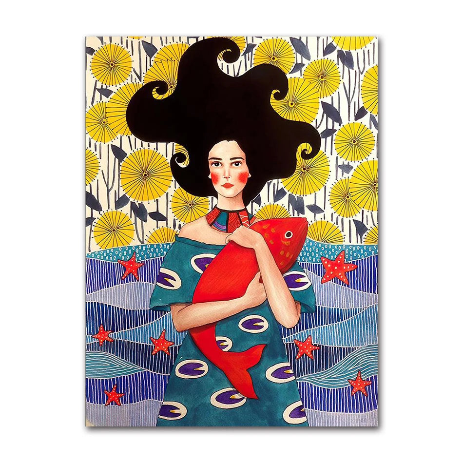 Nordic Cartoon Girl & Fish Abstract Canvas Wall Art Print