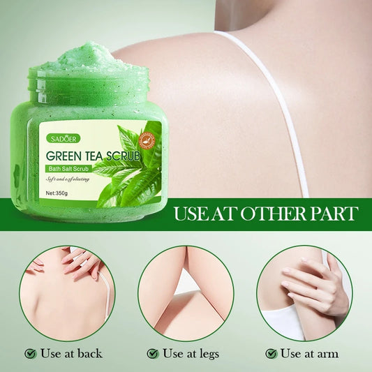 350g Green Tea Body Scrub, Rich in Skin-Beneficial Ingredients Such as Tea Polyphenols, Fine Particles for Exfoliation, Does Not Harm the Skin, Hydrates and Brightens the Complexion, Can Be Used on Multiple Areas of the Body, Peaceful Pleasures Health and Wellness 350g