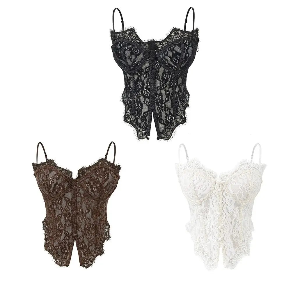 Lace Camisole Crop Top – Sheer Fishbone Suspender Vest Women