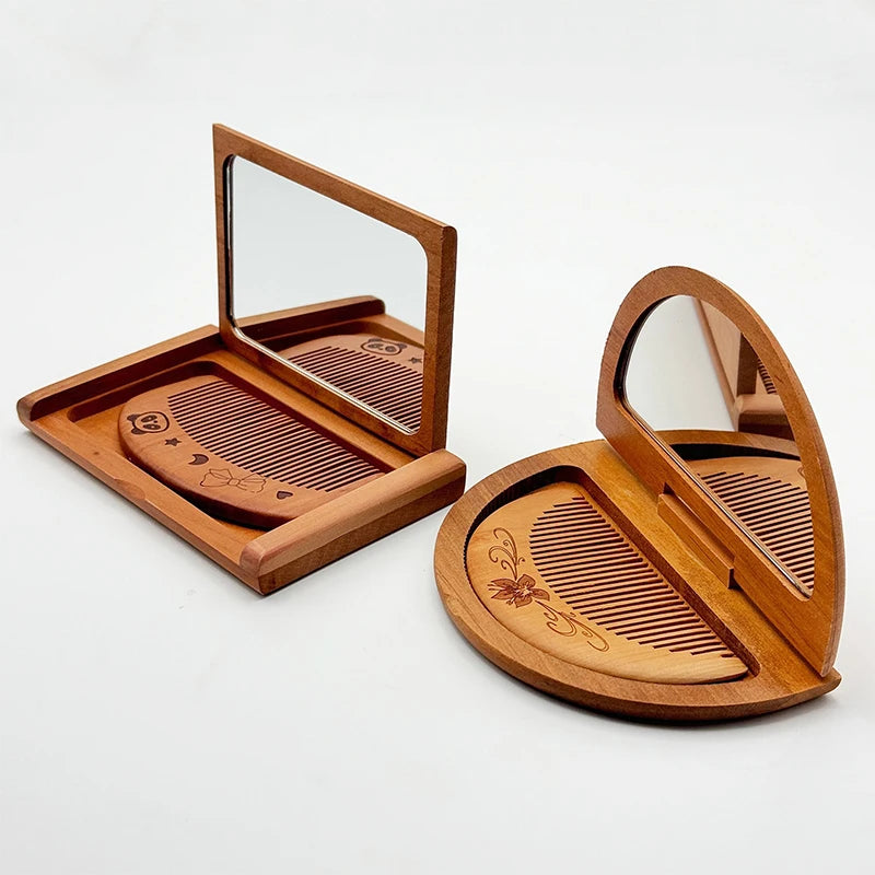 New Peach Wood Red Sandalwood Flip Mirror Folding Comb Mirror Portable Carved with Combs Makeup Mirror Portable Portable Mirrors Peaceful Pleasures Health and Wellness