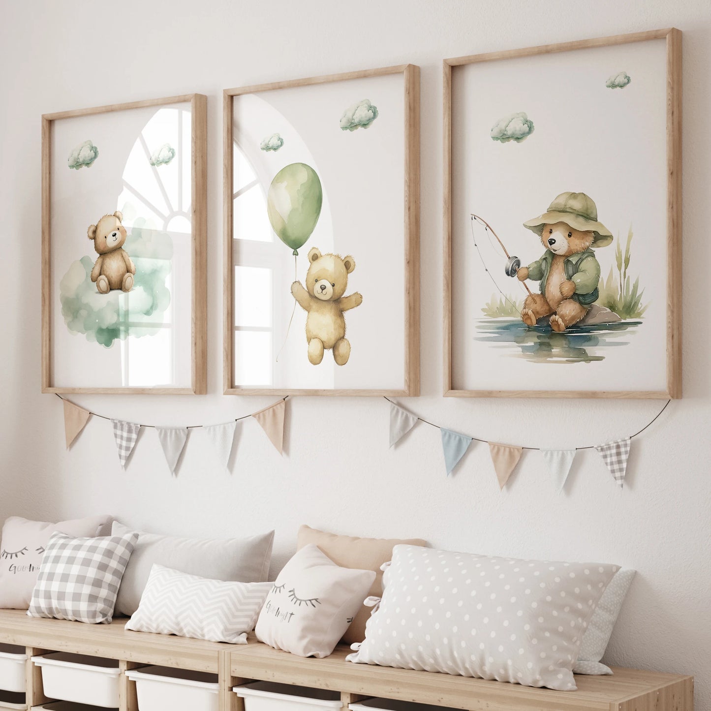 Cartoon Bear Green Clouds Canvas Wall Art Print | Kids Room