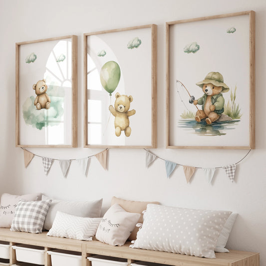 Cartoon Bear Green Clouds Canvas Wall Art Print | Kids Room Canvas Wall Art Peaceful Pleasures Health and Wellness GP042-3pcs 30x40cm Unframed