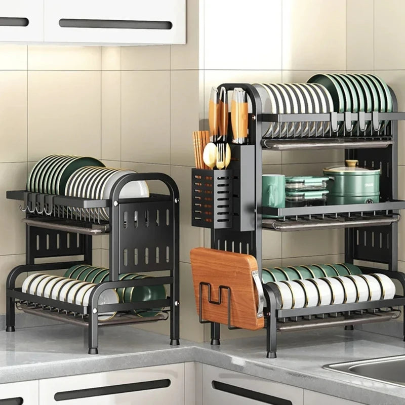Carbon Steel Kitchen Dishes Drying Storage Rack With Drain Tray Large-capacity Plate Rack Cutlery Chopping Board Tool Organizer Peaceful Pleasures Health and Wellness