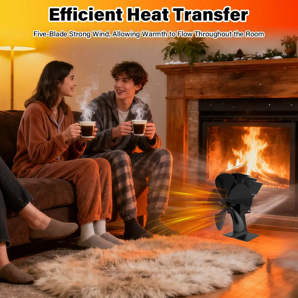 Black Fireplace 5 Blades Heat Powered Stove Fan Log Wood Burner Ecofan Quiet Home Fireplace Fan Efficient Heat Distribution Peaceful Pleasures Health and Wellness