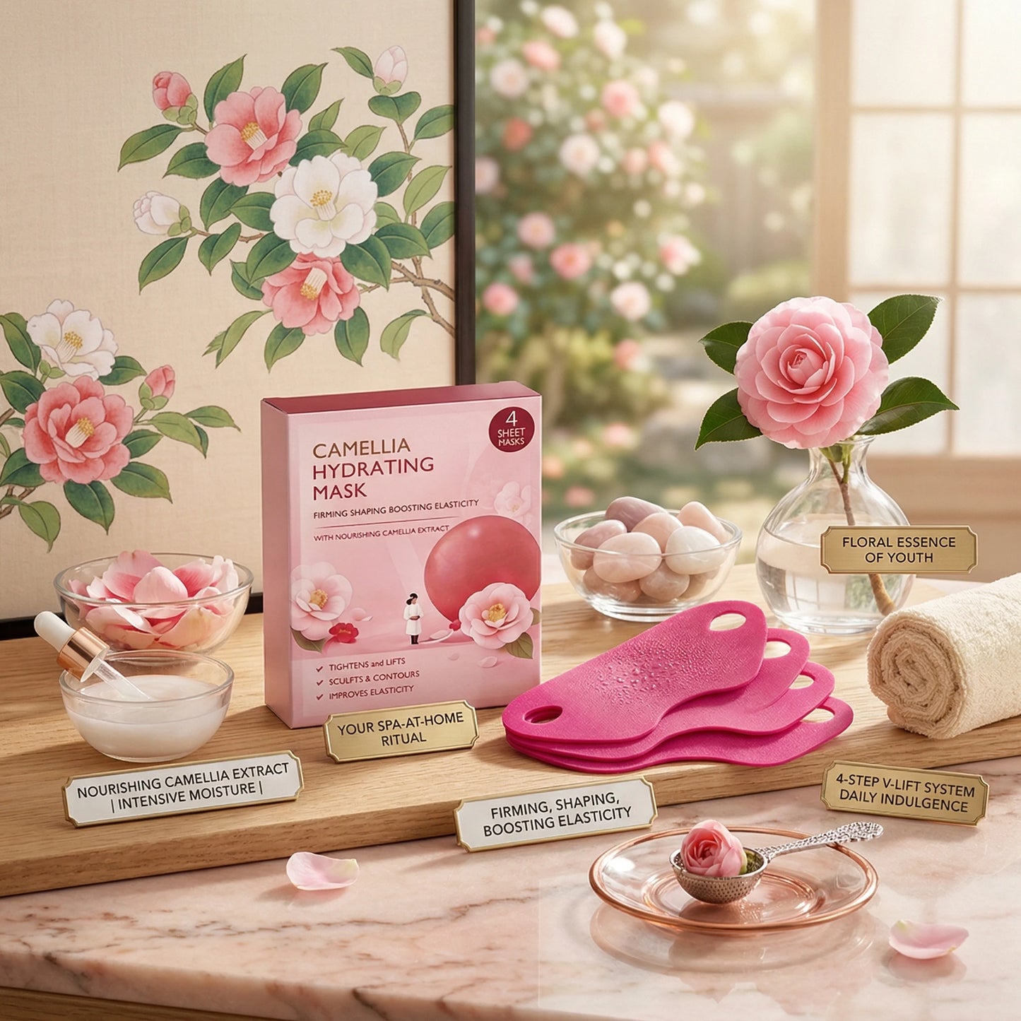 Camellia Hydrating Mask for Jawline Firming Shaping V-Shaped Improve Double Chin Nourishing Face Lifting Slimming Face Mask Peaceful Pleasures Health and Wellness