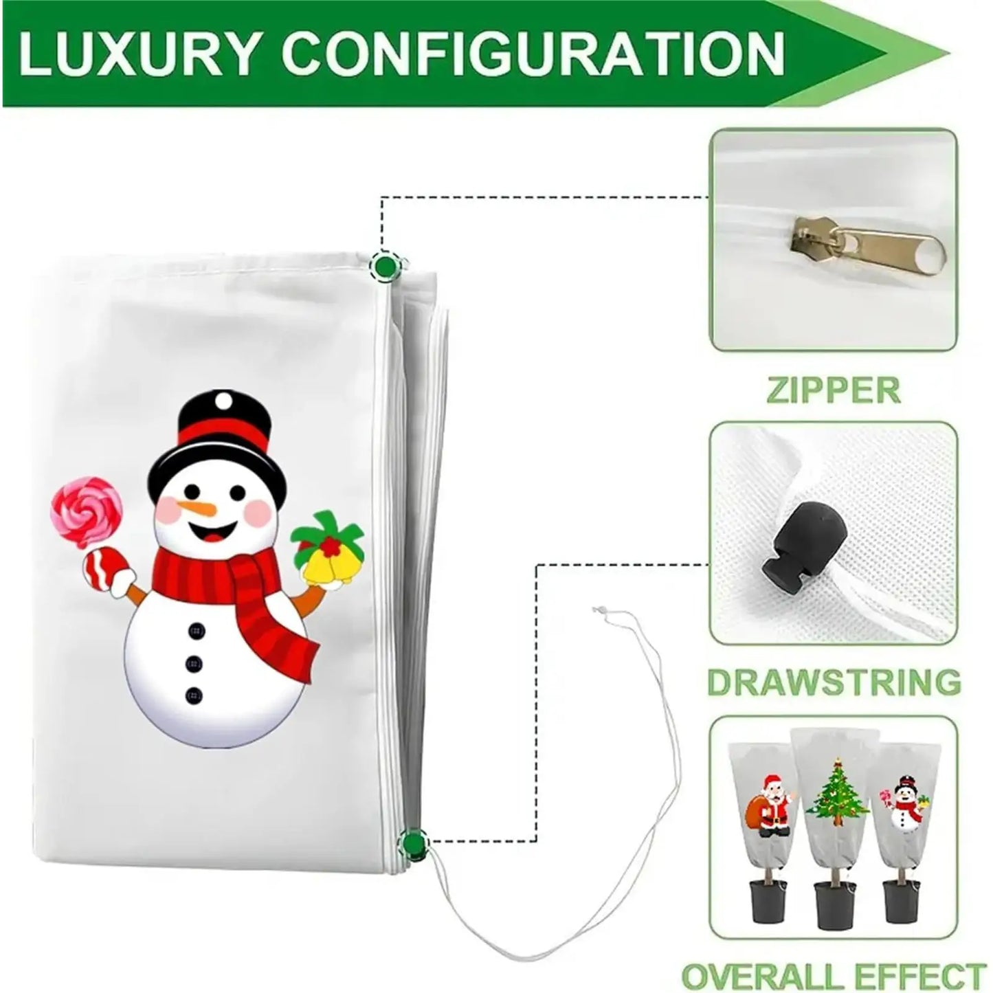 Christmas Print Plant Freeze Protection Cover | Zipper & Drawstring