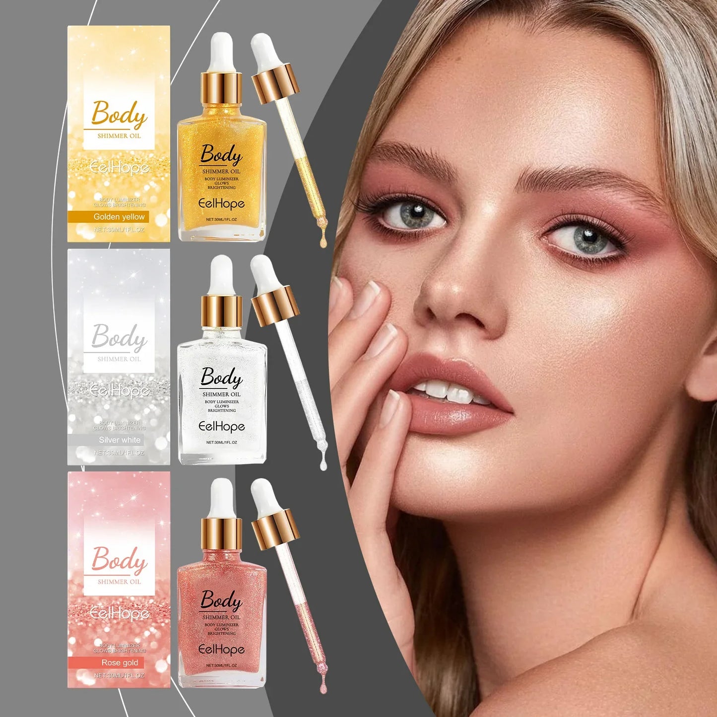 Body Shimmer Oil – Gold Highlighter Drops for Face & Body