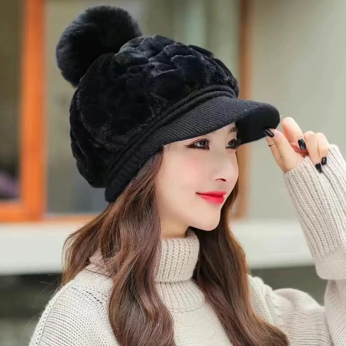 Women's Pom-Pom Fleece Beanie Hat with Brim | Winter Warm