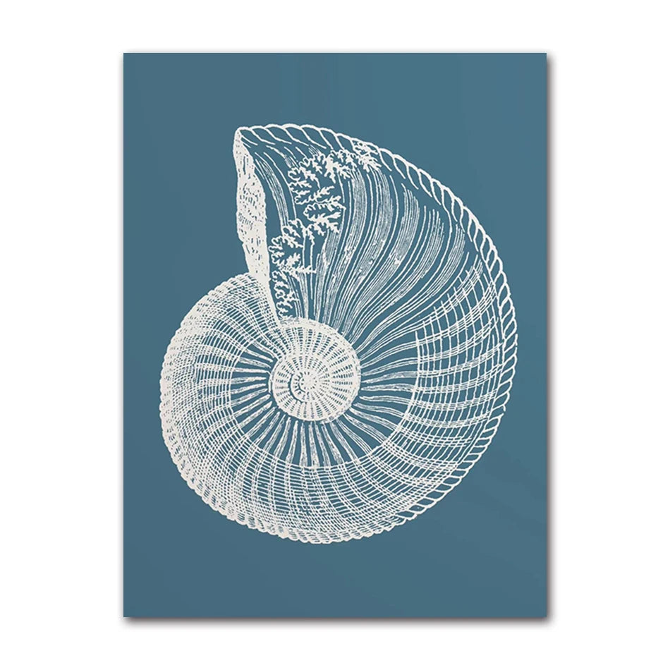 Coastal Blue Beach Antique Shell Sketch Poster, Starfish Jellyfish Conch Oil Painting Print, Wall Art for Kids Room Home Decor Peaceful Pleasures Health and Wellness 82052-03 40x60cm Unframed