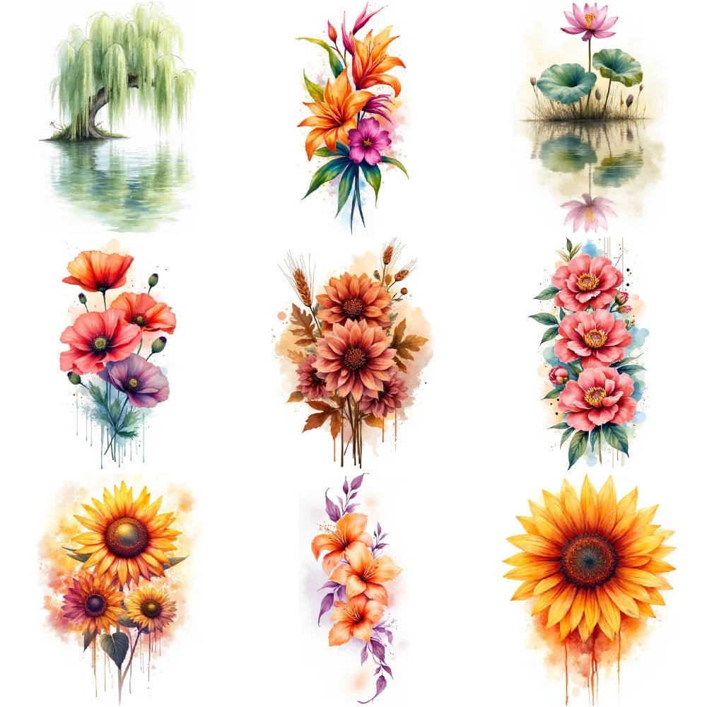 9pcs Floral Temporary Tattoos – Waterproof Botanical Stickers