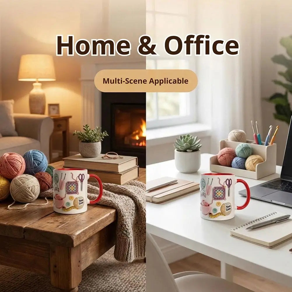 Knitting Tools Pattern Design Ceramic Mug Exquisite Creative Mug Home Office 2D Flat Print High Quality Handcrafted Art Mug Gift Peaceful Pleasures Health and Wellness