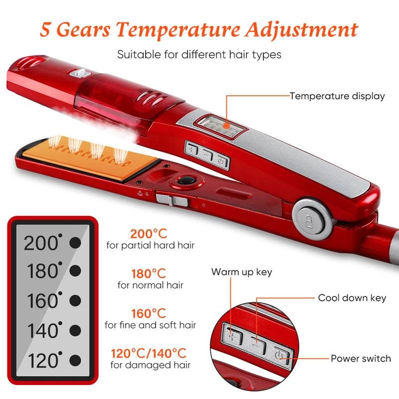 Professional Strong Steam Electric Hair Straightener Portable Salon Wide 2-in-1 Flat Iron & Curling Iron for Household Use Peaceful Pleasures Health and Wellness