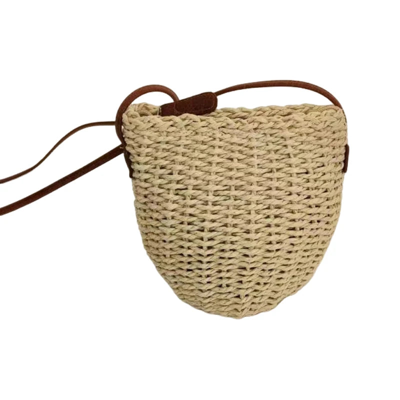 Handwoven Straw Bucket Bag For Women Vintage Style Natural Wicker Crossbody Shoulder Bag With Adjustable Strap Peaceful Pleasures Health and Wellness Beige