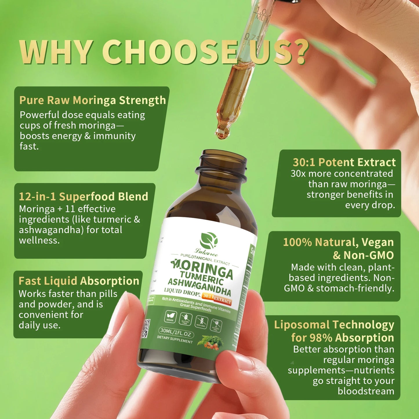Bottle of Moringa Turmeric Ashwagandha supplement with dropper and text highlighting benefits on a green background