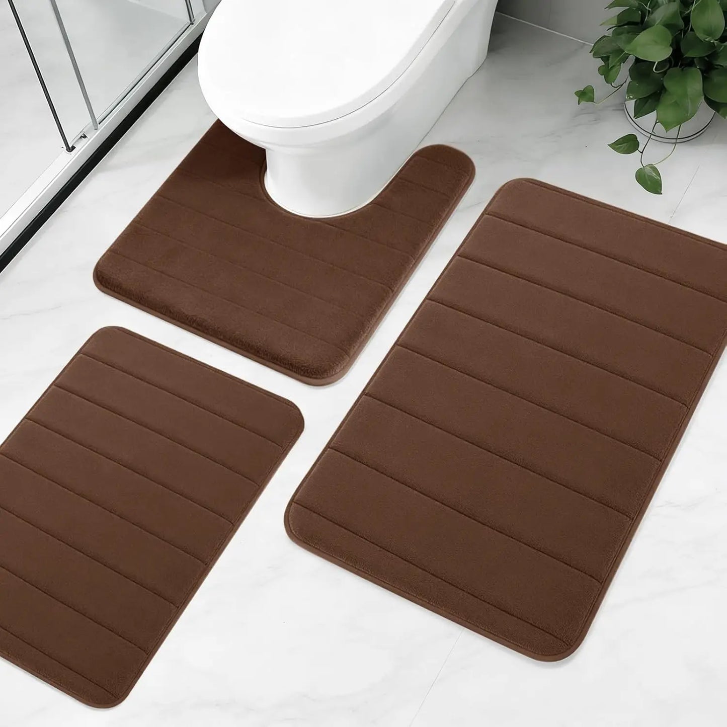 3Piece Non-Slip Bath Mat Set Memory Foam Bathroom Rugs Water Absorbent Shower Mat Machine Washable Toilet Mat for Bathroom Floor Peaceful Pleasures Health and Wellness Brown