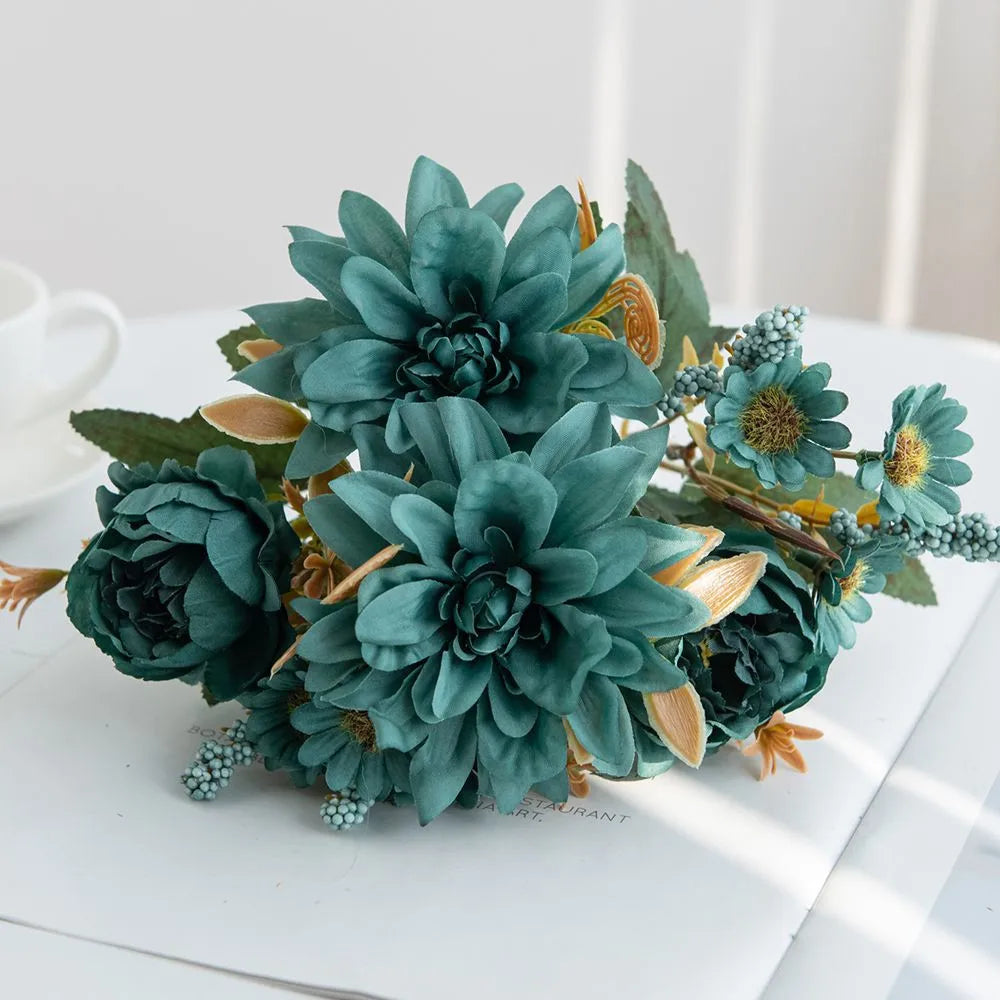 Silk Artificial Dahlia Rose Daisy Bouquet | Wedding & Party Decor