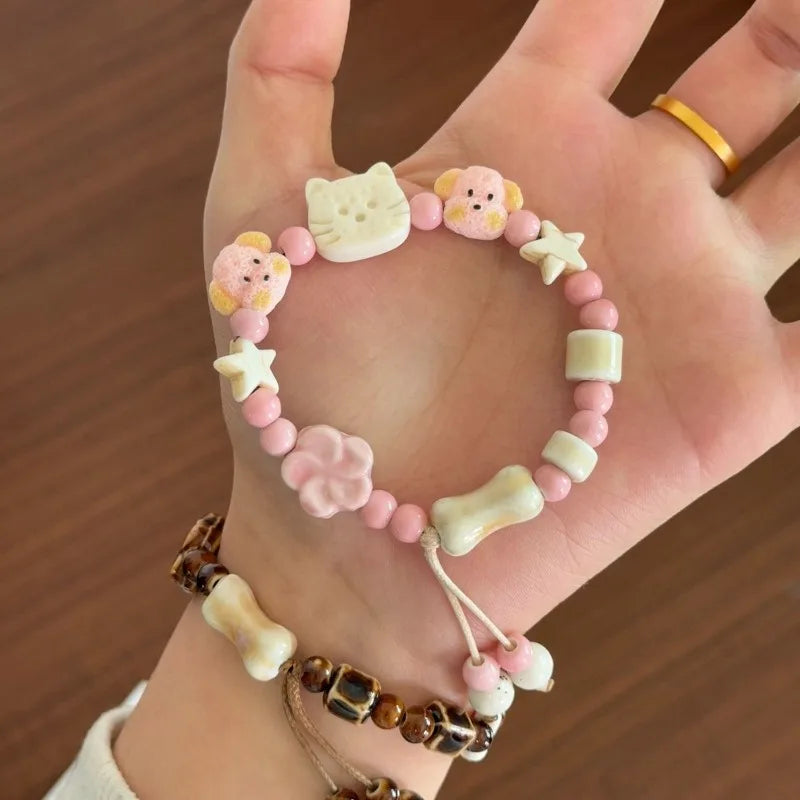New Fashionable Cute Puppy Cat Bracelet Ceramic Cartoon High Beauty Couple's Girlfriend Bracelet Niche High Beauty Handmade Gift Peaceful Pleasures Health and Wellness