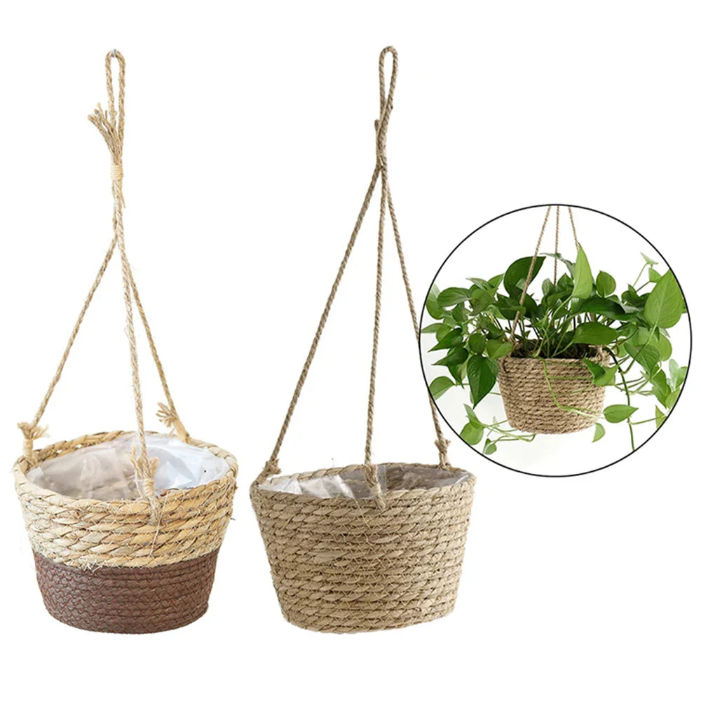 Handwoven Rattan Hanging Basket Planter for Orchids & Flowers